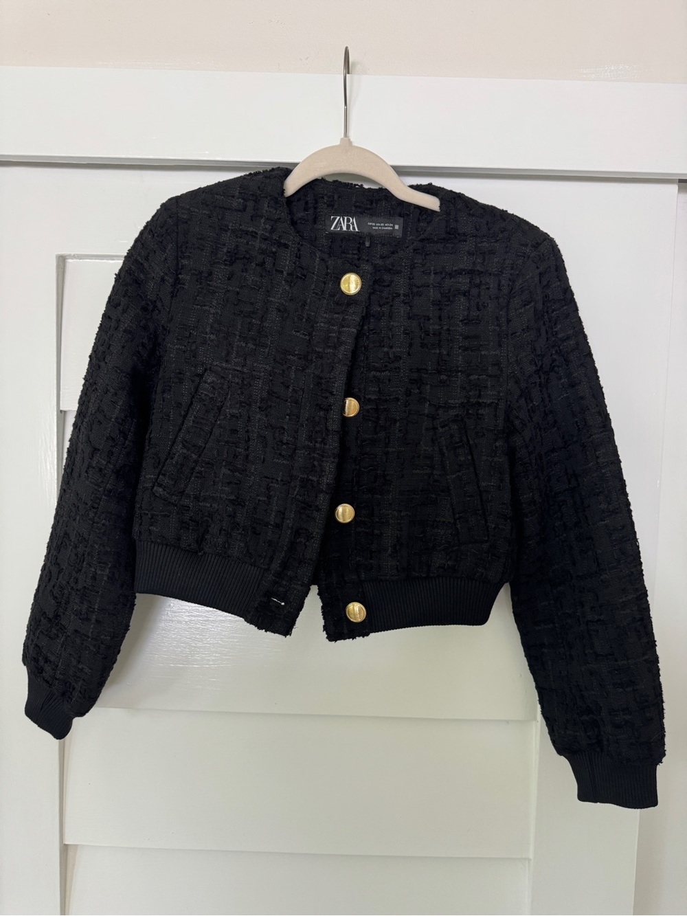 Zara Black Textured Cropped Blazer with Gold Buttons